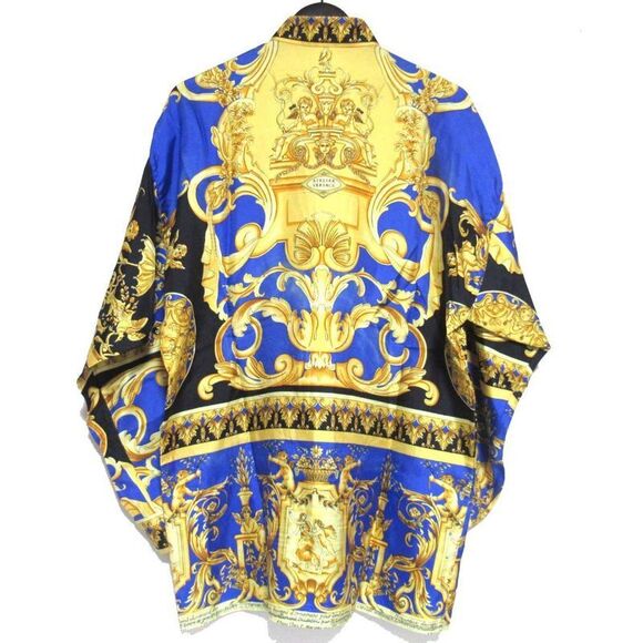 Gianni Versace Baroque Pattern Long Sleeve Silk Shirt Size 46 Blue Multicolor - Picture 2 of 7